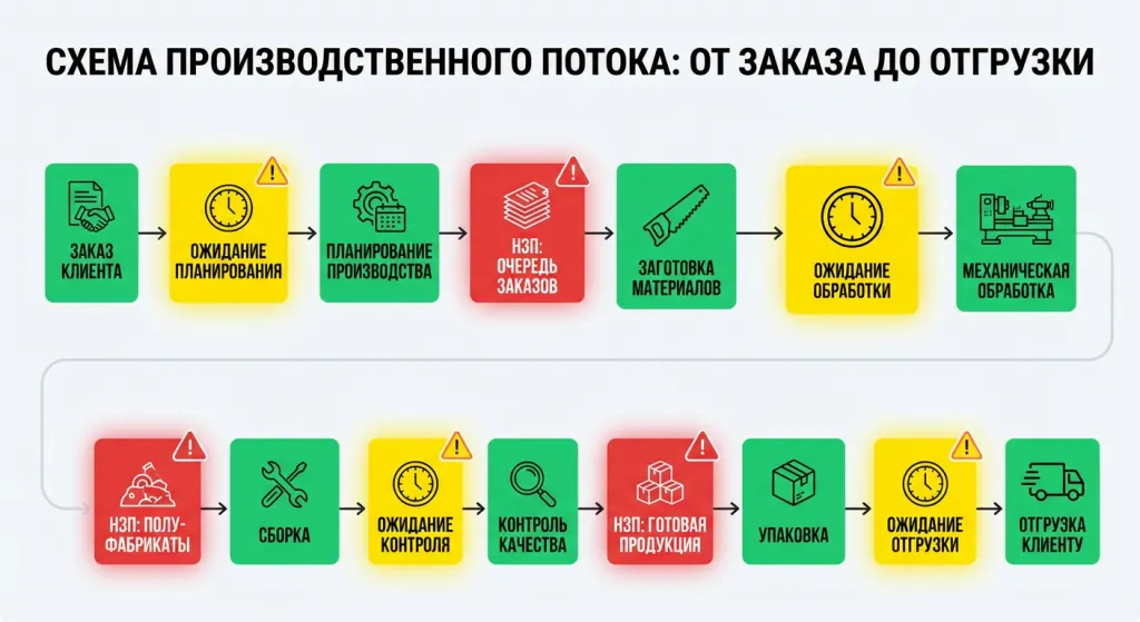 схема производственного потока от заказа до отгрузки с выделением зон ожидания и накопления WIP