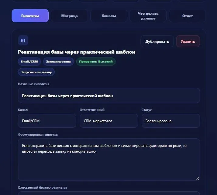 Дашборд гипотез по каналам