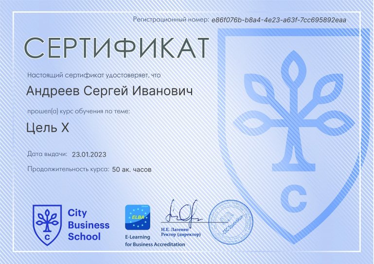 Сертификат курса «Цель X»