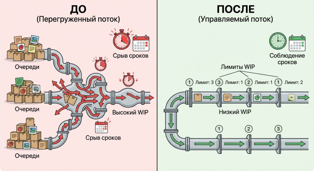 WIP и срок. перегруженный поток с очередями и управляемый поток с лимитами