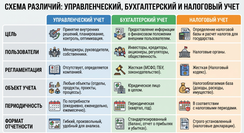 различия между управленческим, бухгалтерским и налоговым учетом